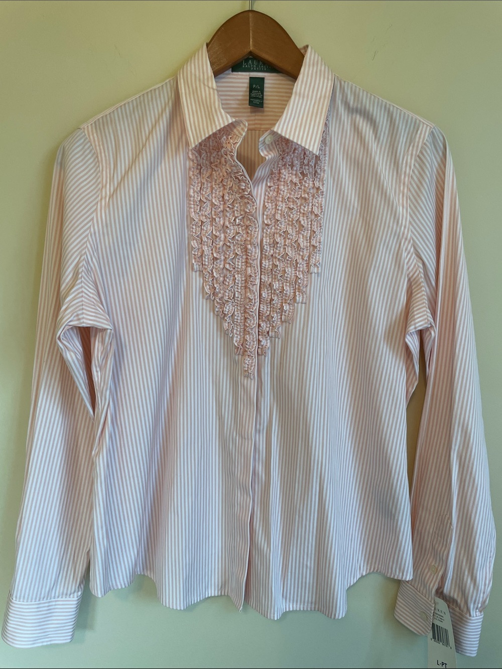 Lauren Ralph  Light Pink & White Striped Ruffle Bib Dress Shirt